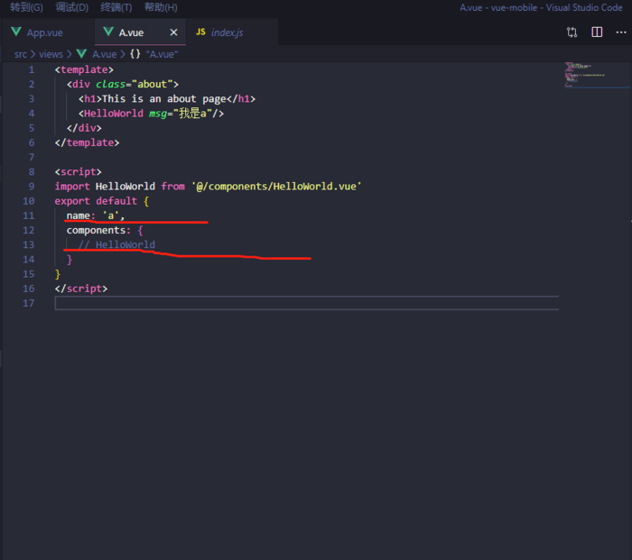 Module Error (/index.js): error: 'HelloWorld' is defined but never used (no-unused-vars) at src\views\A.vue:9:8: