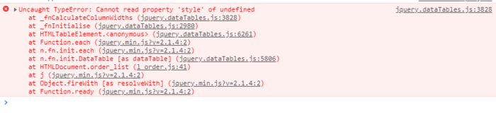 jquery.dataTables.min.js: Uncaught TypeError: Cannot read property 'style' of undefined