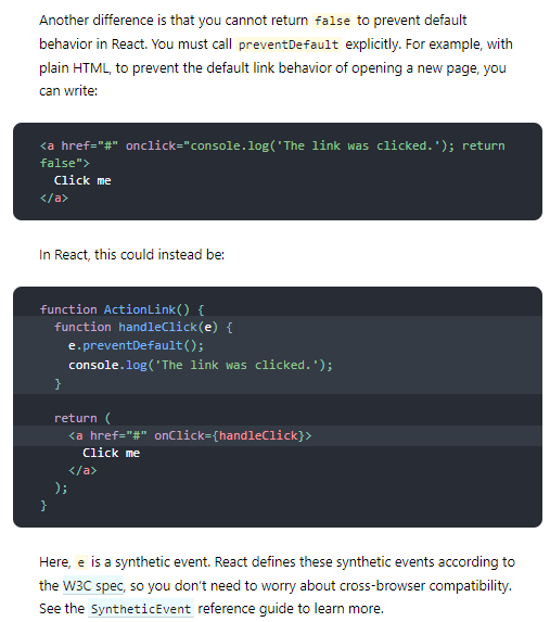 you cannot return false to prevent default behavior in React. You must call preventDefault explicitly