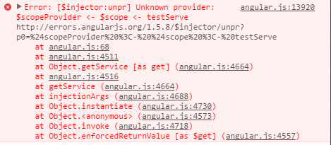 angular.js:13920 Error: [$injector:unpr] Unknown provider: $scopeProvider <- $scope <- testServe