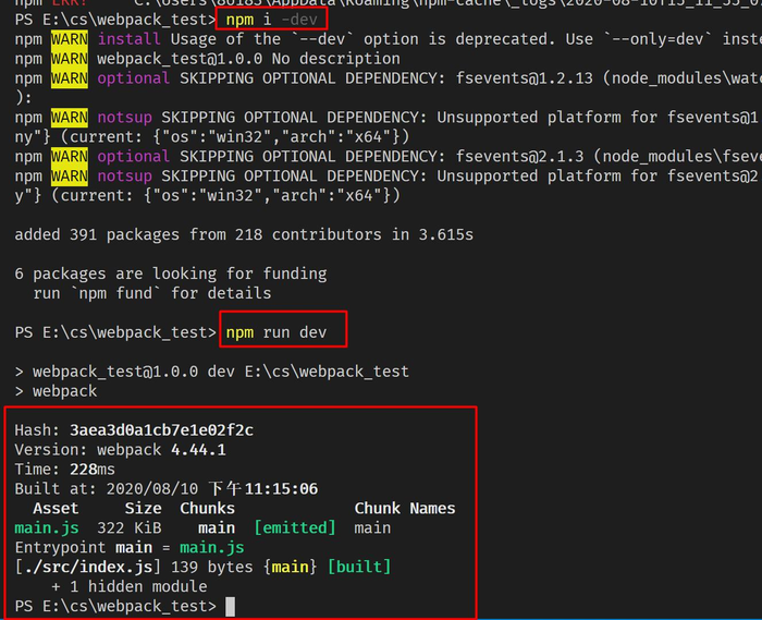 npm ERR! code ELIFECYCLE npm ERR! errno 1 npm ERR! [email protected] dev: `webpack` npm ERR! Exit s