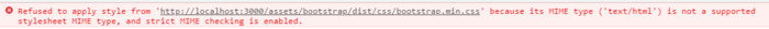 Refused to apply style from '.../bootstrap.min.css' because its MIME type ('text/html') is not a supported stylesheet MIME type, and strict MIME checking is enabled.
