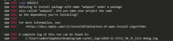 npm ERR! Refusing to install package with name "webpack" under a package -----