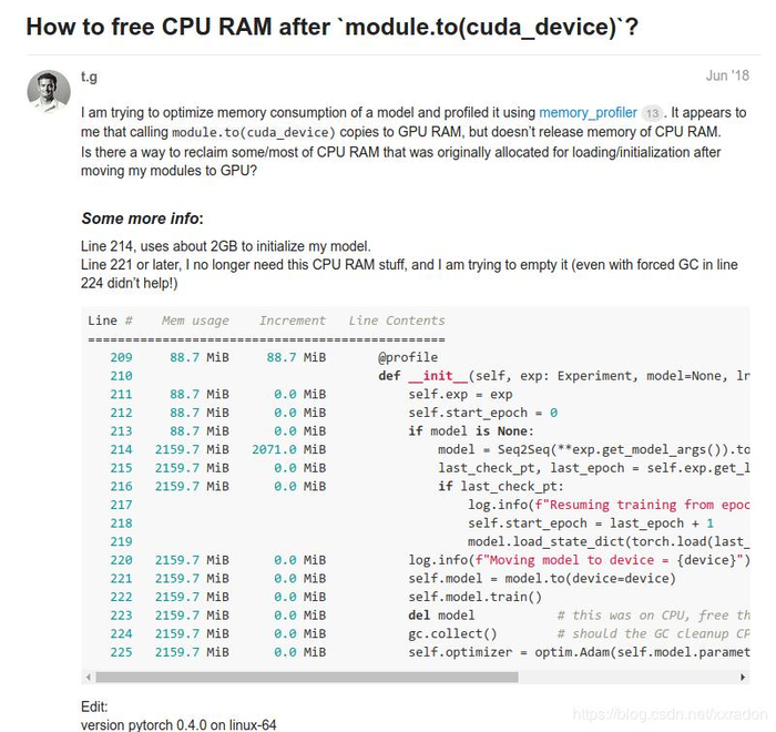 pytorch--How to free CPU RAM after `module.to(cuda_device)`?